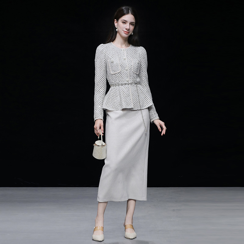 025秋季新款小香名媛气质圆领收腰蕾丝亮片绣花上衣高腰直筒半裙
