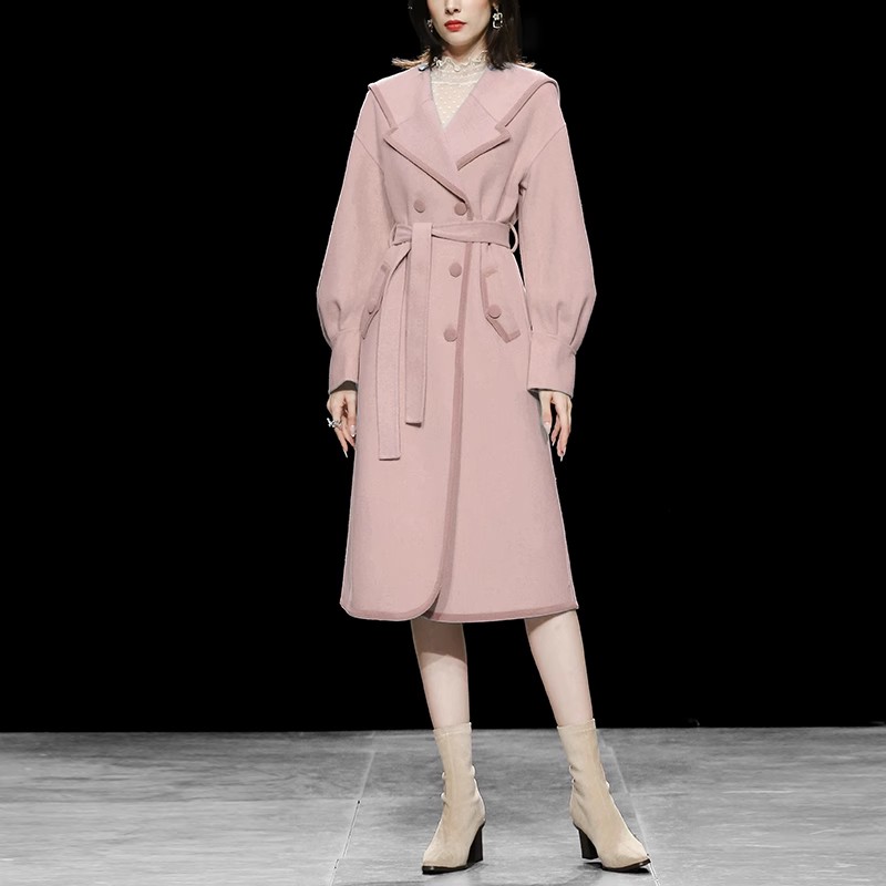 秋冬季2025新款女装粉色收腰双面呢子大衣女加厚中长款羊毛呢