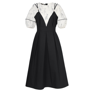 2026夏季新款时尚休闲假两件撞色灯笼袖收腰大摆衬衣连衣裙女装