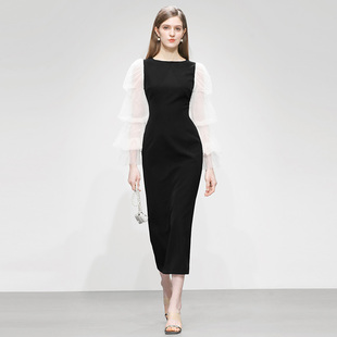 2026春季新款女装法式赫本风优雅珍珠网纱拼接长袖黑色连衣裙长裙