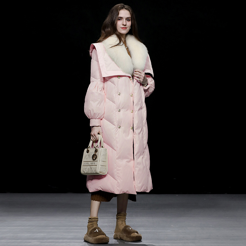 20255冬季新款女装狐狸毛领灯笼袖大领子直筒轻奢休闲长款羽绒服