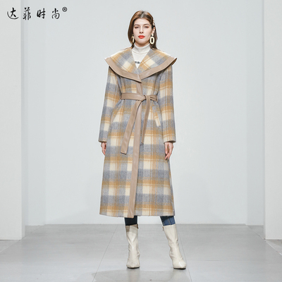 2025冬装新款欧美复古时尚气质直筒宽松系带A摆格纹毛呢大衣外套