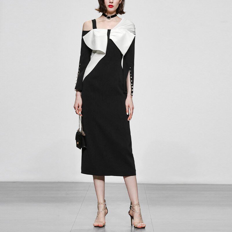 2026春装女装气质法式露肩撞色蝴蝶结收腰显瘦连衣裙长裙裙子