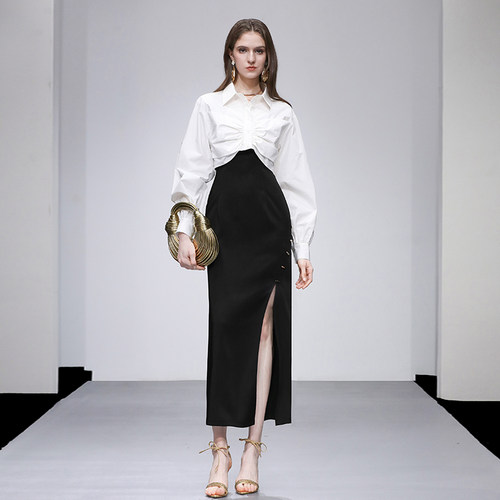 2025秋季新款气质灯笼袖胸前捏褶百搭款衬衣修身开衩吊带裙套装