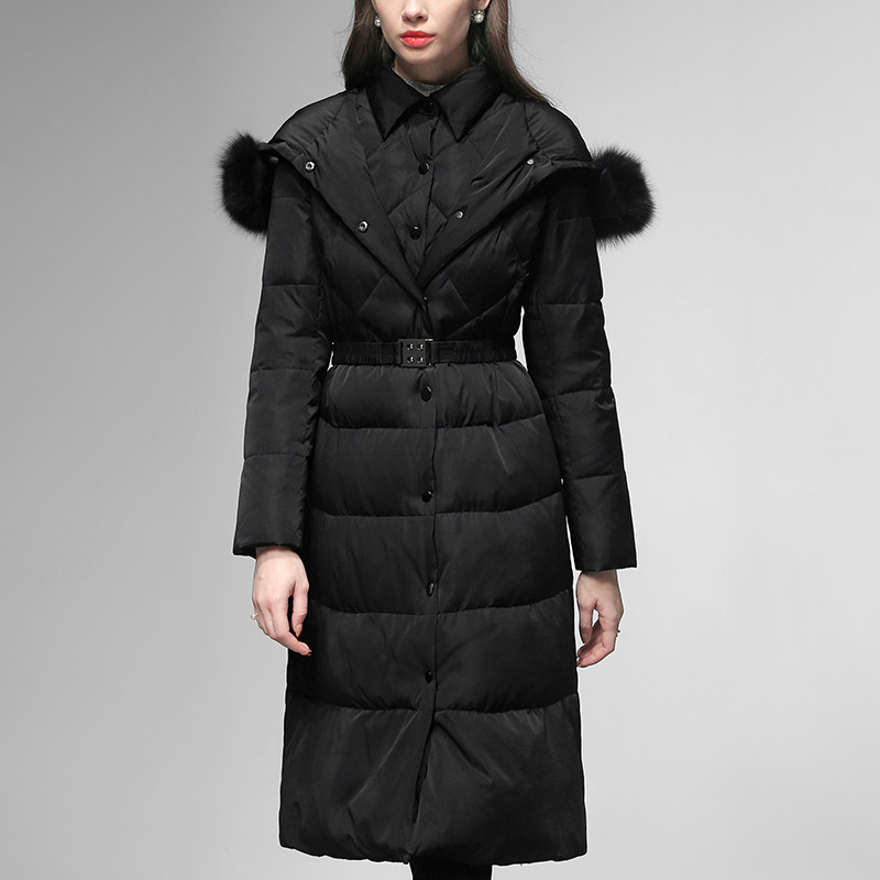 黑色收腰中长款羽绒服面包服加厚过膝白鸭绒冬季女装2025新款