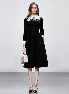 达菲时尚赫本风黑色连衣裙轻奢高级感年会礼服日常可穿鸵鸟毛可拆