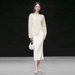 木耳边外罩衫 气质镂空珠片钩花长袖 吊带针织连衣裙 新款 2025秋季
