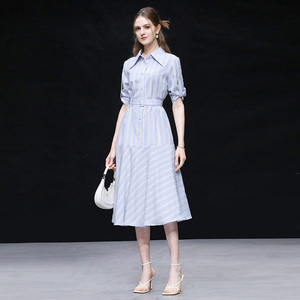 夏季新蓝色衬衫连衣裙女法式条纹裙子显瘦通勤大方a字裙高级穿搭