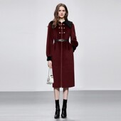 2025冬季 酒红皮草大衣外套女 撞色大翻领羊羔毛系带中长款 新款 时尚