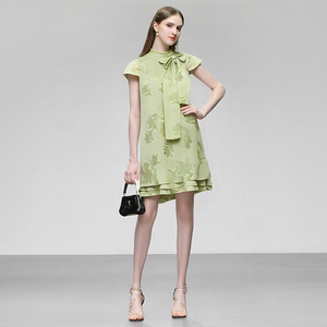 2026夏季新款小香千金风半高领系蝴蝶结A字雪纺提花气质连衣裙