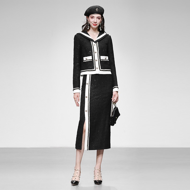 2025年秋冬新款气质海军风撞色亮片粗花呢外套+修身开衩半裙套装