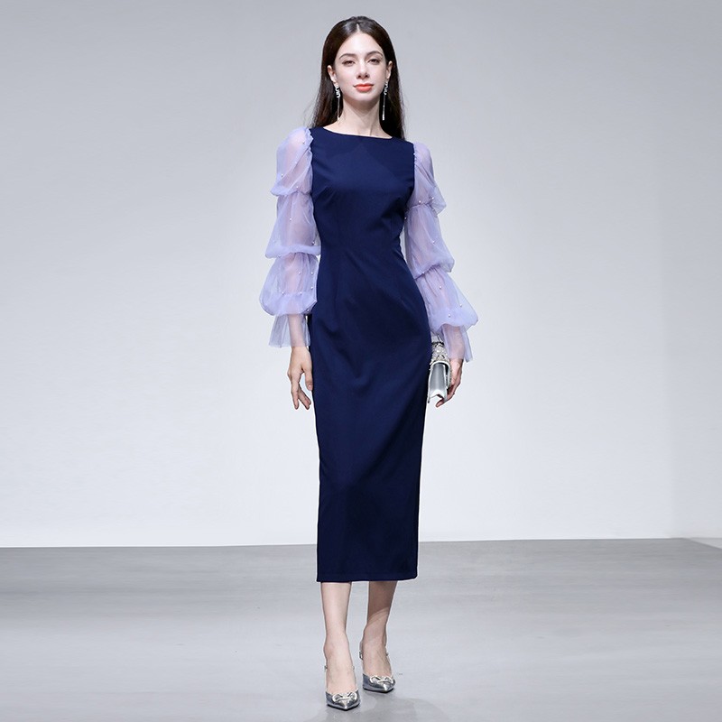 2025年秋季新款圆领多层网纱钉珠灯笼袖收腰直筒长款连衣裙