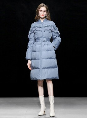 冬季2025新款女装雾蓝色立领中长款白鸭绒羽绒服加厚收腰过膝