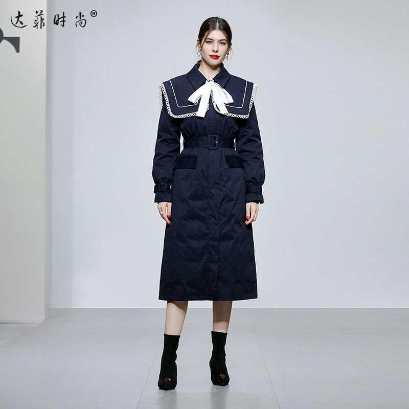 冬季女装2025新款藏青色收腰中长款羽绒服时尚加厚过膝白鸭绒外套