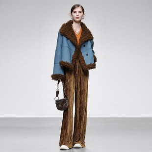 20255冬新款翻立领两面穿羊剪绒牛仔羊毛短外套机车外穿皮草大衣