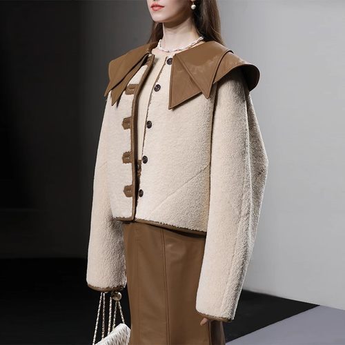 2025冬季新款撞色皮毛一体短款皮草外套前中开衩鱼尾皮半裙套装