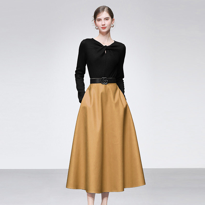 2025秋冬季新款时尚法式黑色针织上衣高腰A字大摆PU皮半裙套装