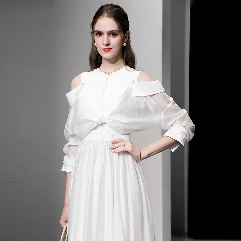 秋季女装2025新款气质白色露肩长袖收腰显瘦衬衫连衣裙长裙裙子女