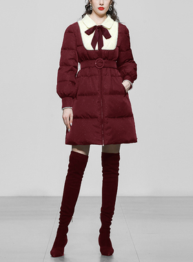 冬季2025新款女装枣红色中长款白鸭绒羽绒服加厚收腰面包服潮