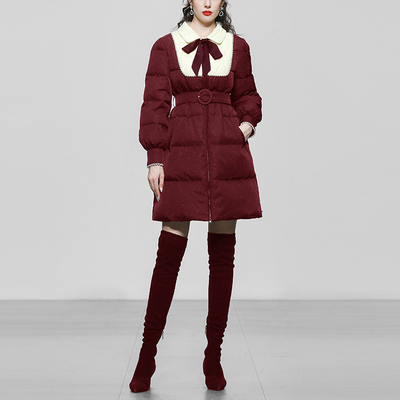 冬季2025新款女装枣红色中长款白鸭绒羽绒服加厚收腰面包服潮