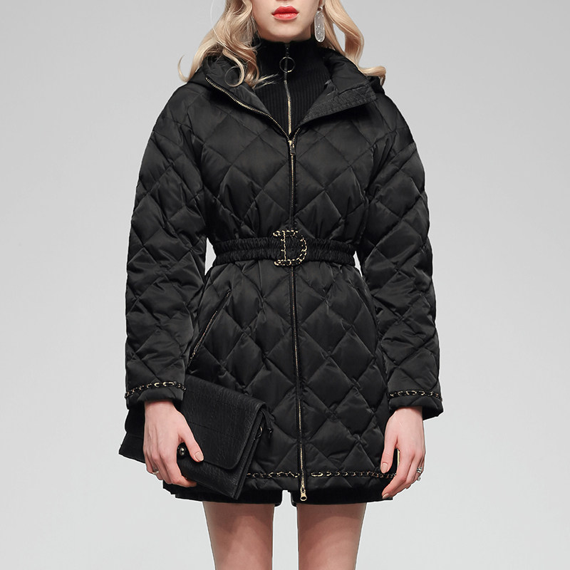 2025冬装新款欧美时尚羽绒服羽绒服小香风花边系带收腰中长款外套