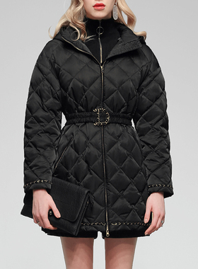 2025冬装新款欧美时尚羽绒服羽绒服小香风花边系带收腰中长款外套