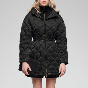 羽绒服羽绒服小香风花边系带收腰中长款 欧美时尚 外套 新款 2025冬装