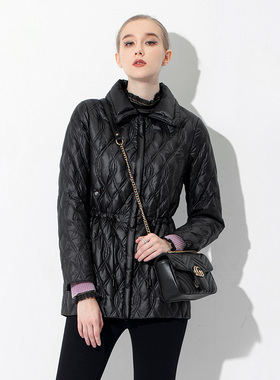 2025冬时尚气质翻领腰部抽绳设计收腰短款羽绒服外套