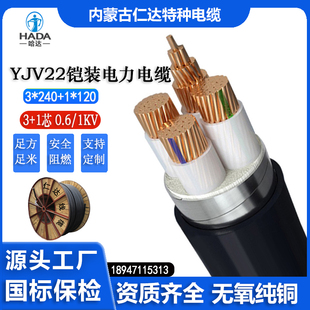 线缆 仁达 YJV22 3*240+1*120 电缆 非屏蔽 常规pvc 内蒙工厂直销