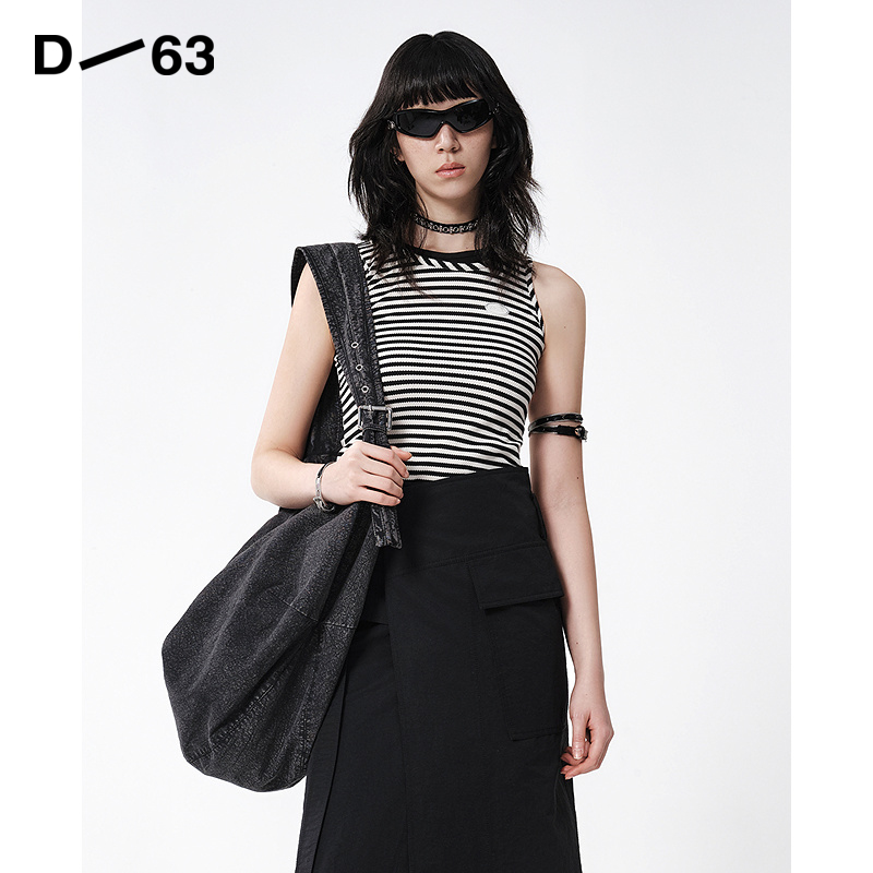 D63女装25夏季新款条纹背心修身显瘦时尚简约无袖上衣针织衫