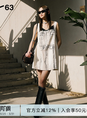 D63女装夏季新款背心吊带裙A字裙印花无袖工装风老钱风连衣裙