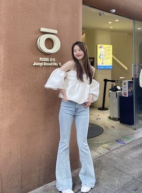 yoomini淡蓝色微喇叭牛仔长裤春夏季耐磨高腰水洗千禧显腿长