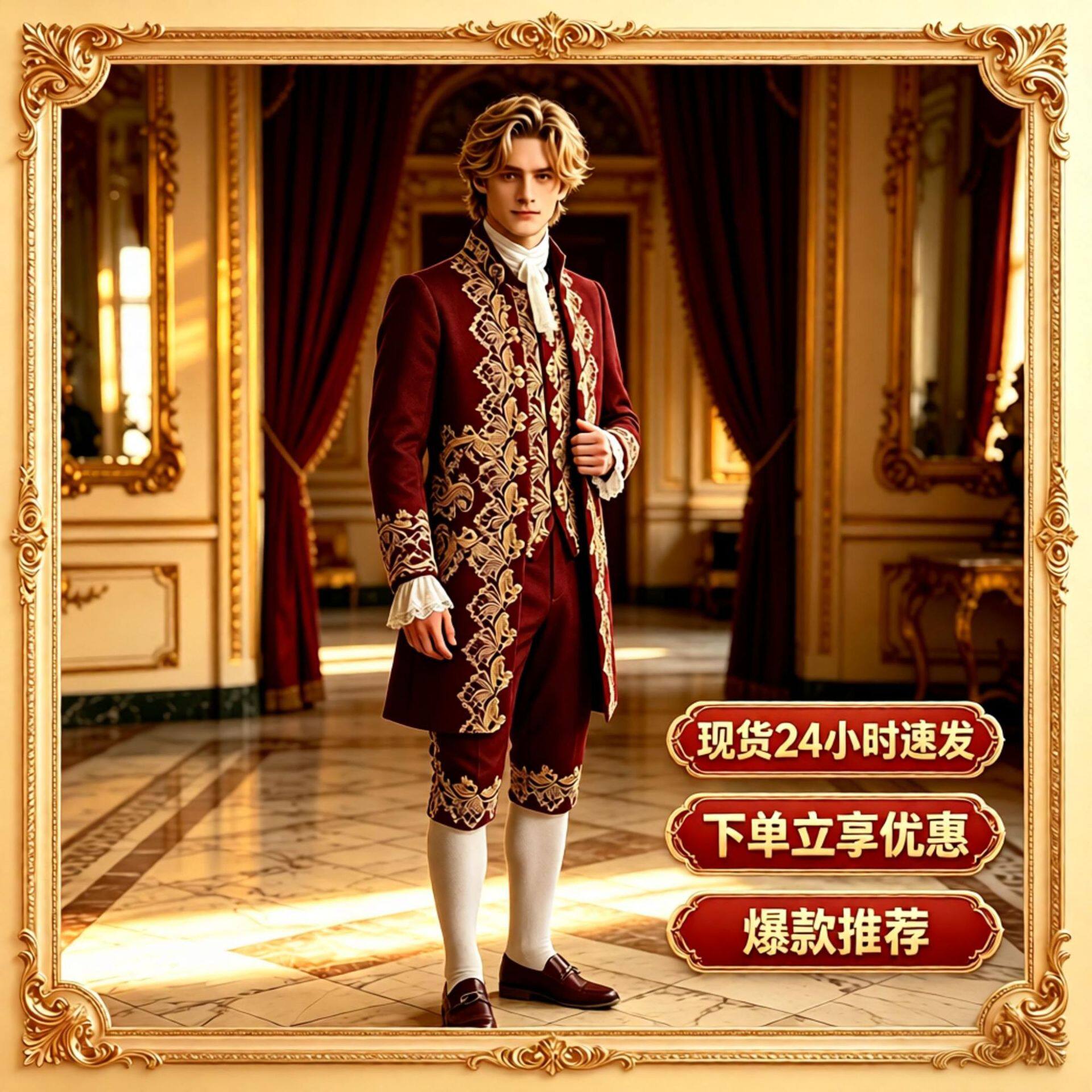 外贸欧式宫廷男士贵族礼服金边刺绣三件套影楼写真舞台演出服现