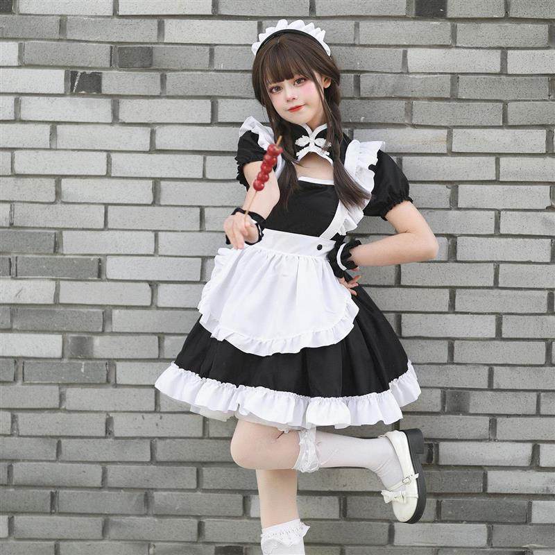 跨境黑白中国风纯欲甜心旗袍女仆服装COSPLAY演出服大码女仆