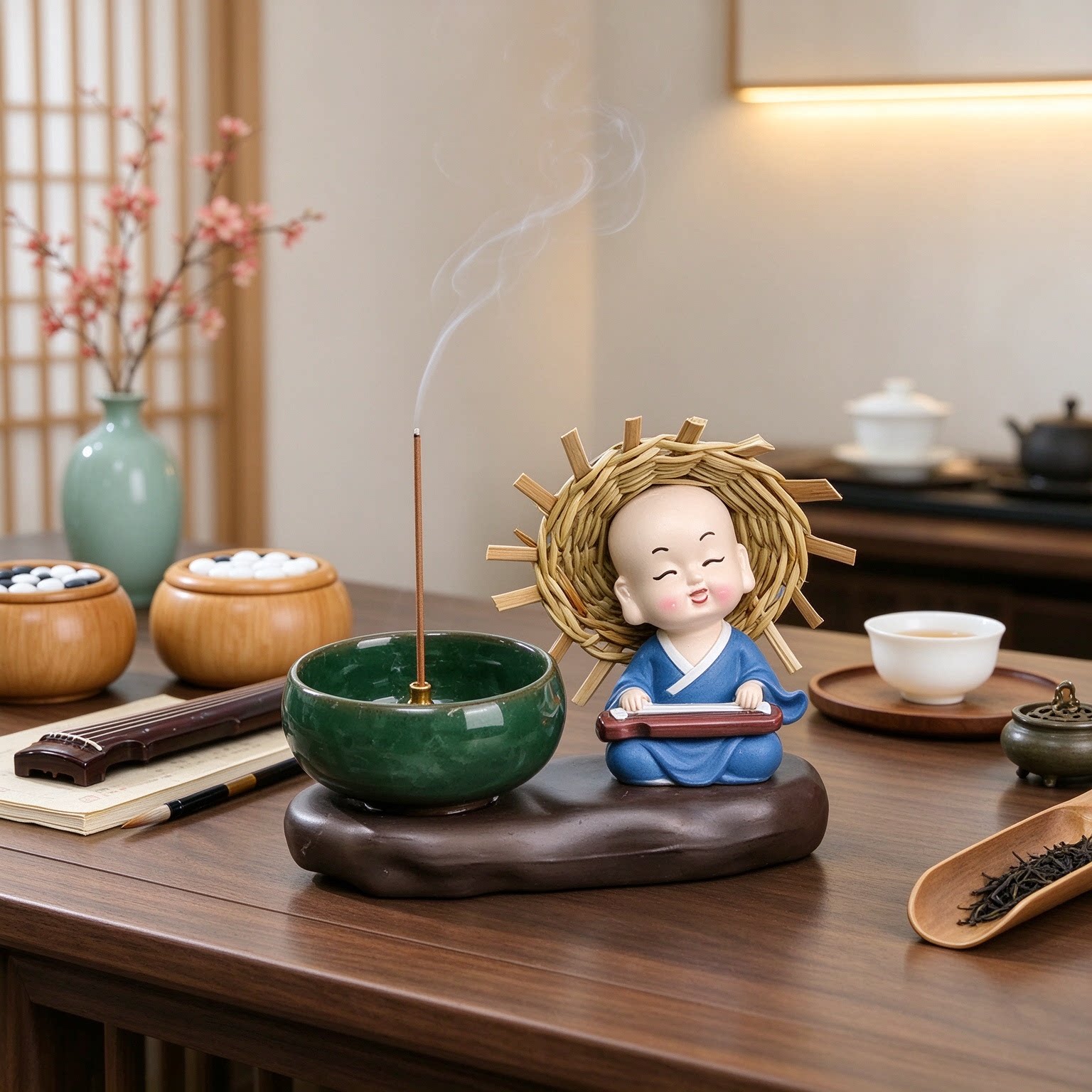 草帽小和尚宋式美学琴棋书画茶桌禅意摆件小装饰放松心情赏心悦目