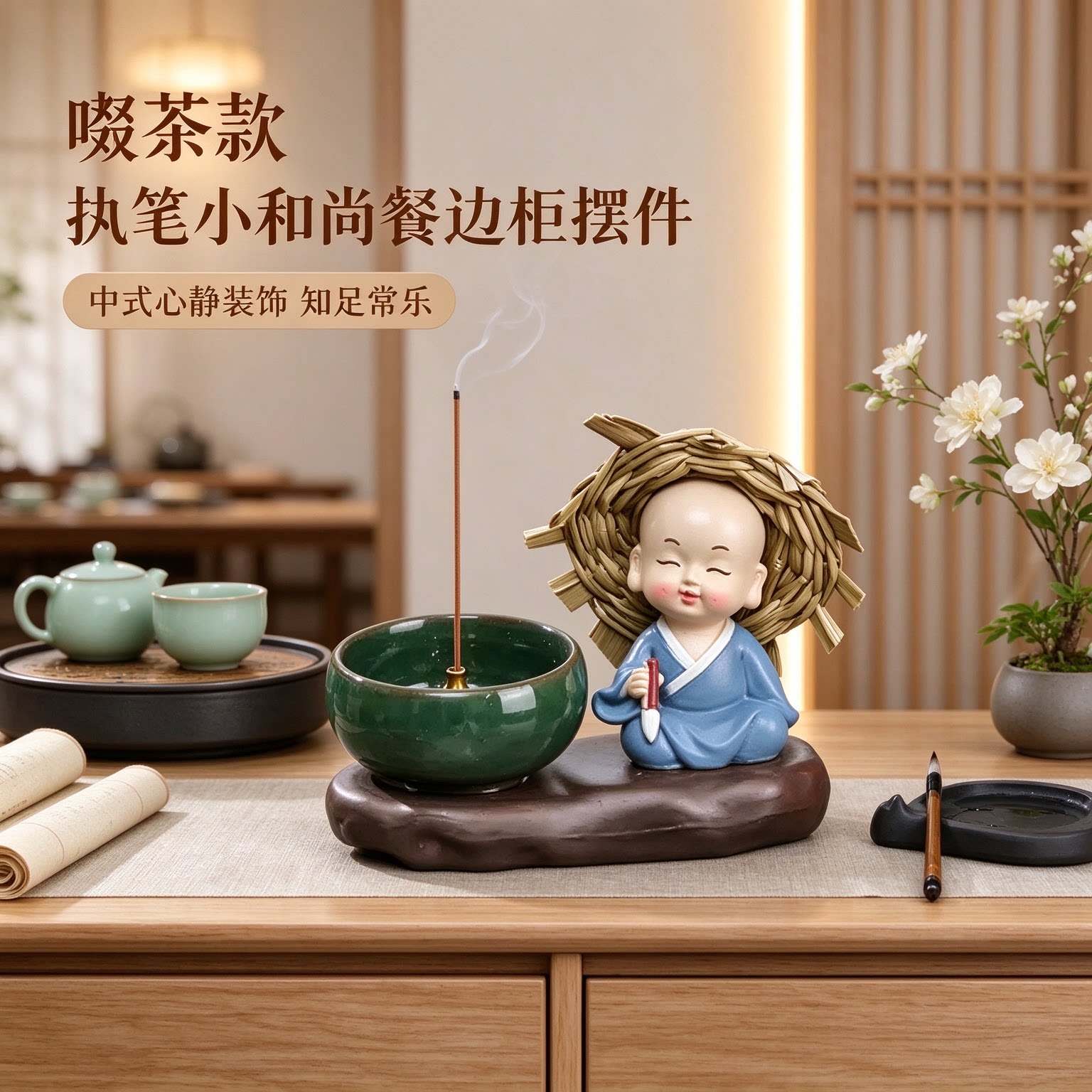 禅意小和尚执笔餐边柜摆件中式心静装饰品淡定从容知足常乐古朴