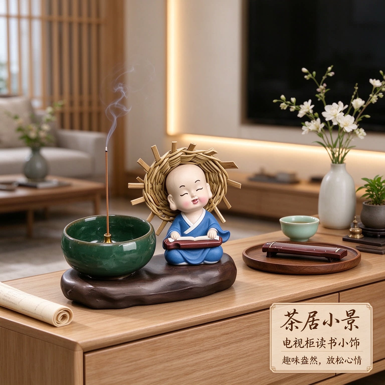 新中式电视柜读书小和尚摆件氛围感小装饰称心如意趣味盎然能解压