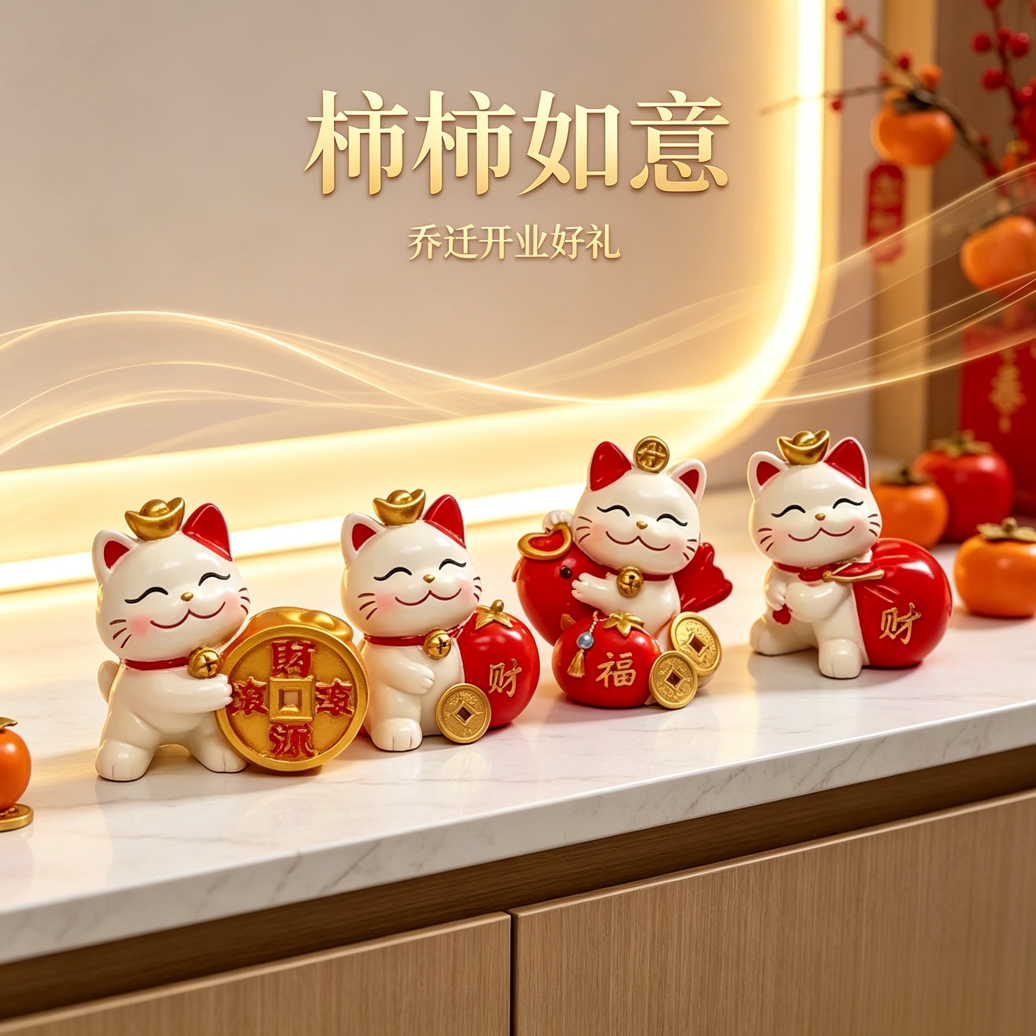 匠心甄选柿柿如意招财猫摆件客厅酒柜玄关高档家居乔迁开业贺礼