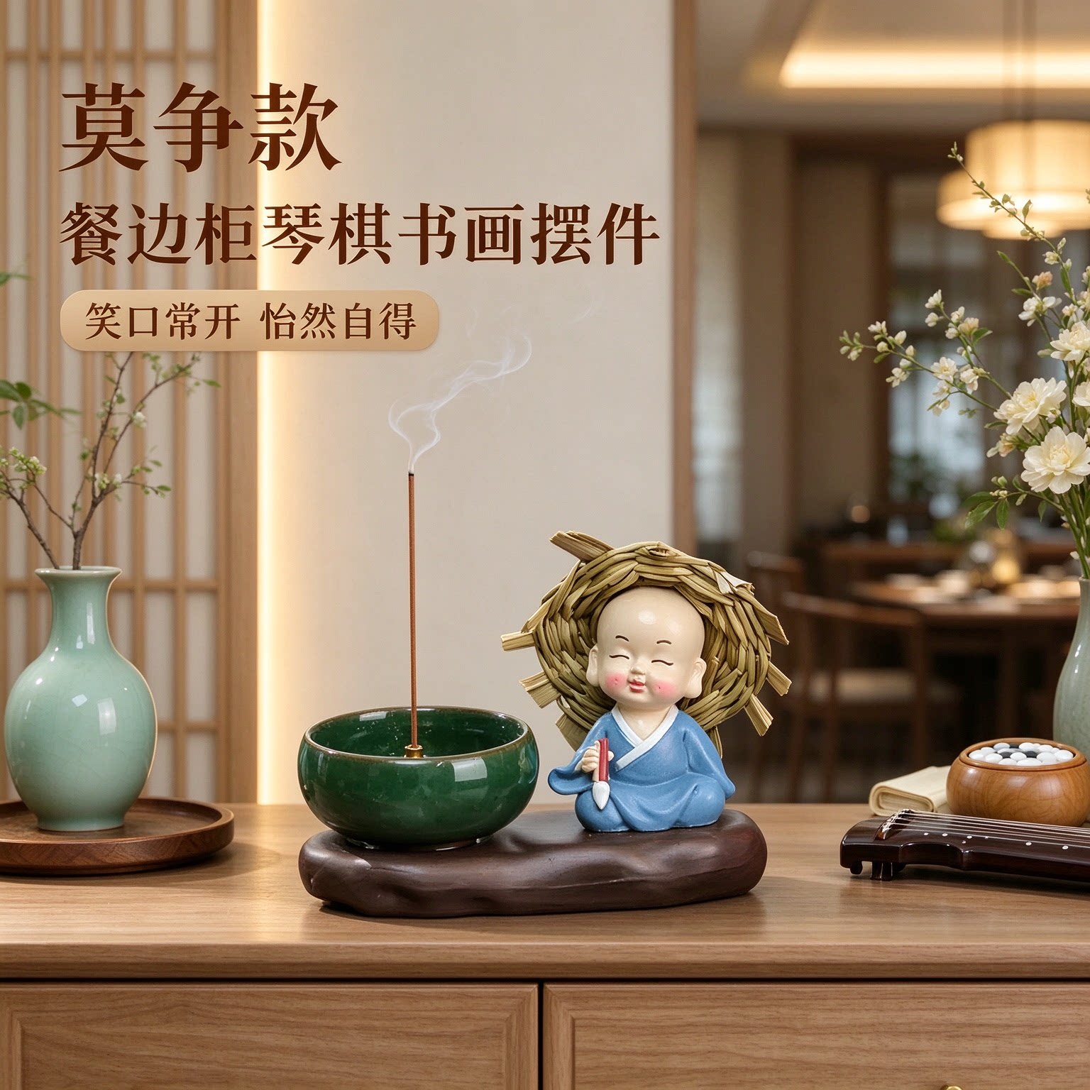 餐边柜小众琴棋书画禅意小和尚摆件工艺品笑口常开怡然自得氛围感
