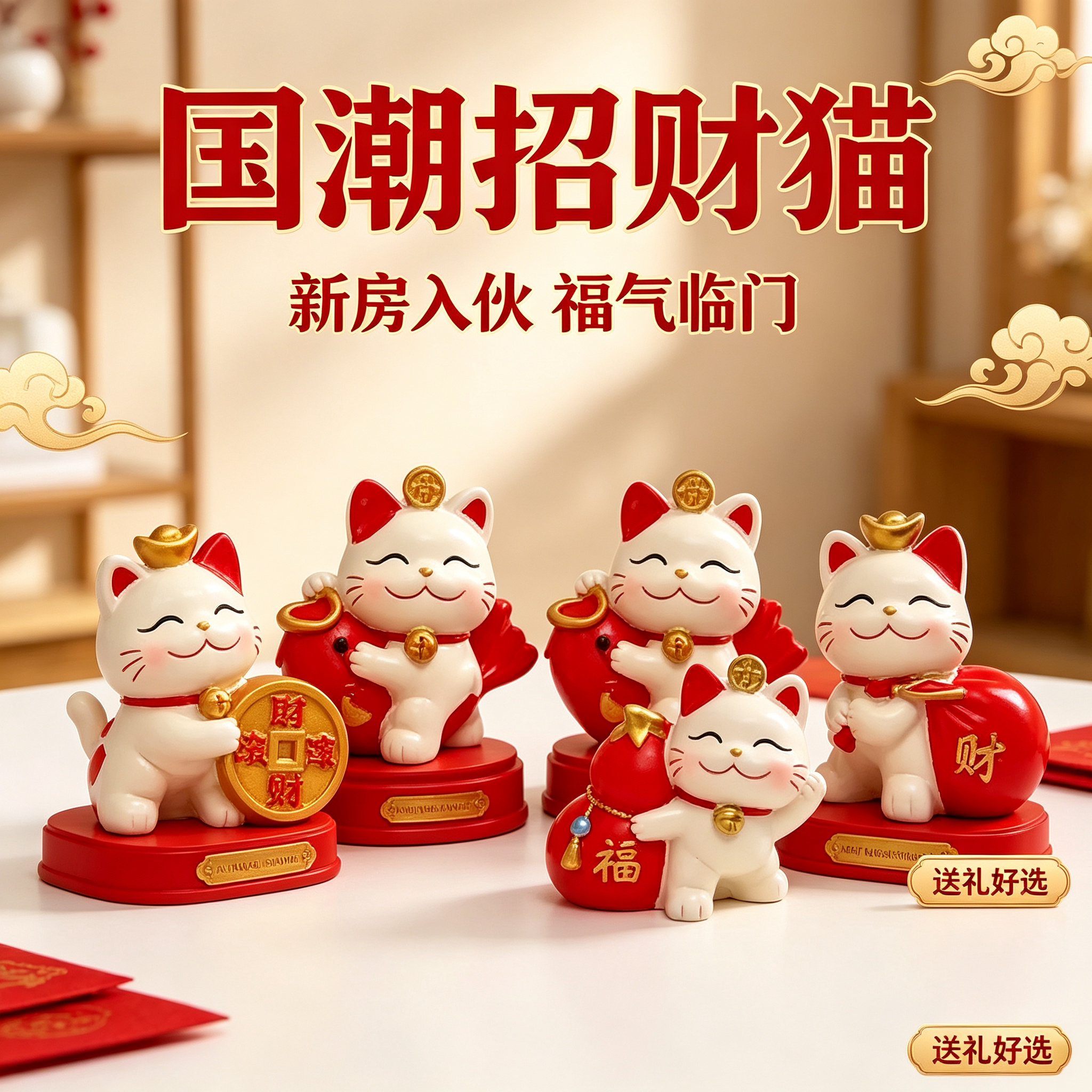 国潮福字气球招财猫摆件入户玄关桌面摆放家居饰品新房入伙馈赠