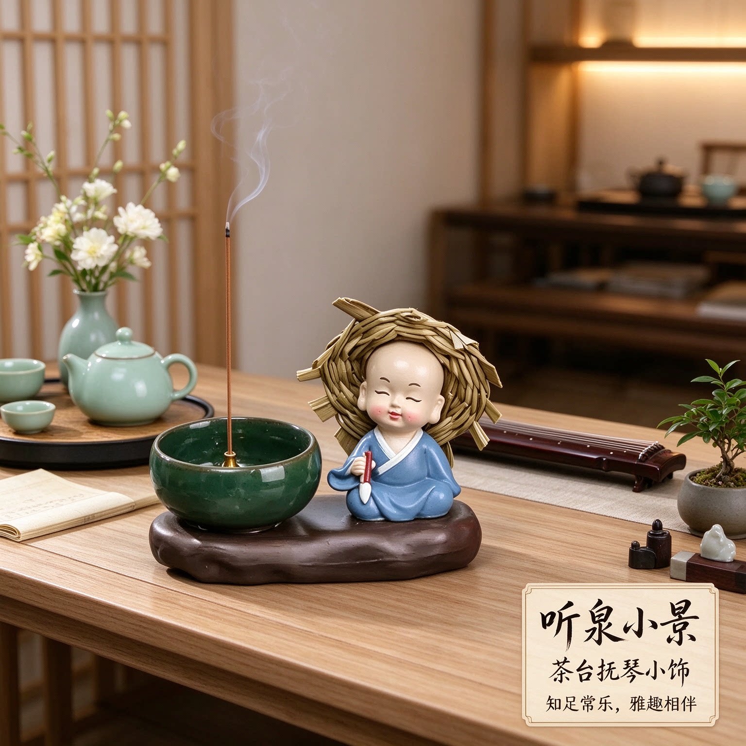 草帽小和尚新中式抚琴茶台摆件淡定小装饰平心静气知足常乐雅趣
