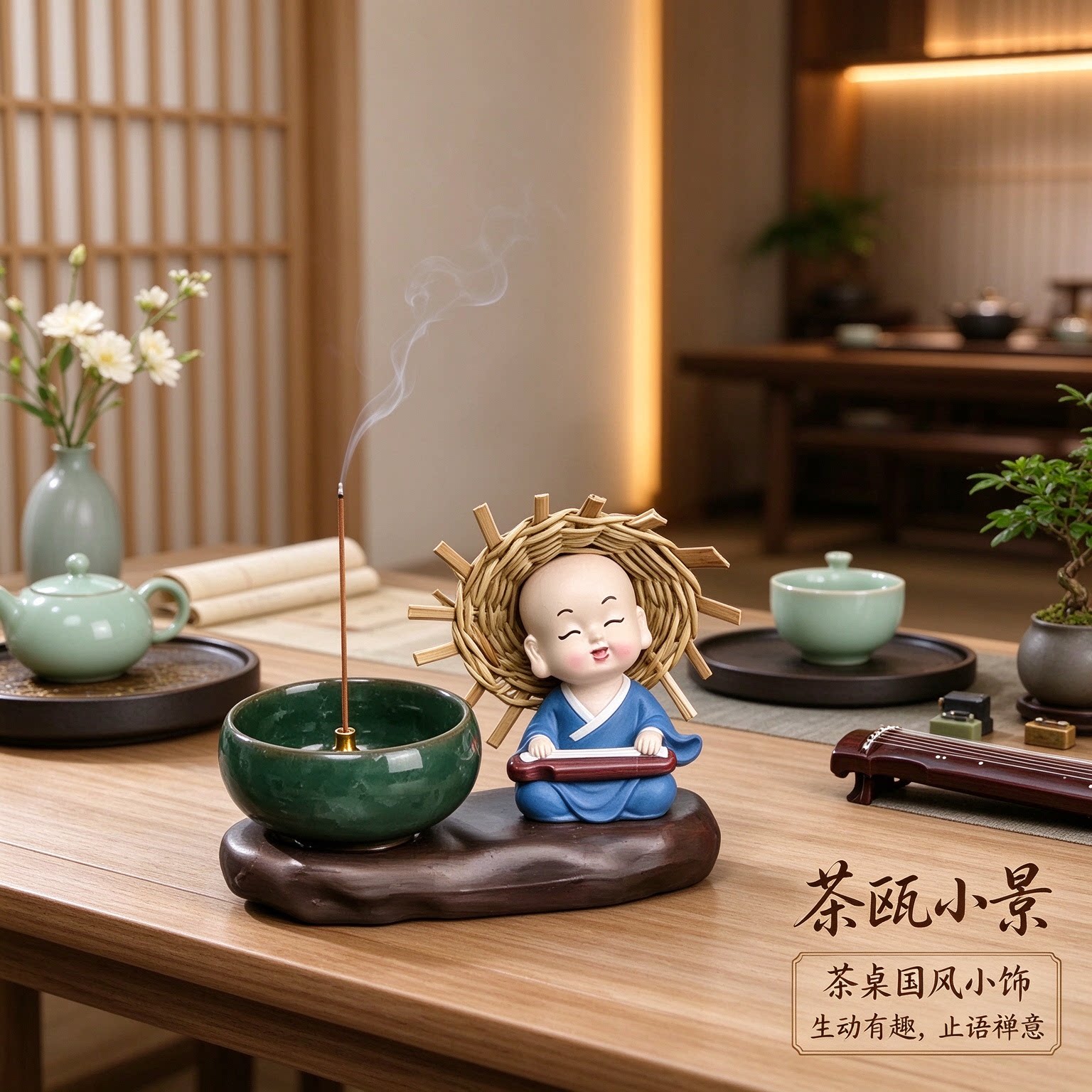 四不和尚草帽茶桌禅意摆件国风显品味装饰品生动有趣泰然自若止语