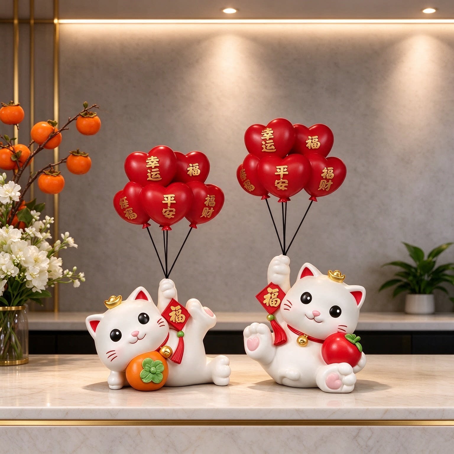 成对装招财猫柿子摆件店面高级感公司开业礼物家居摆件生意兴隆