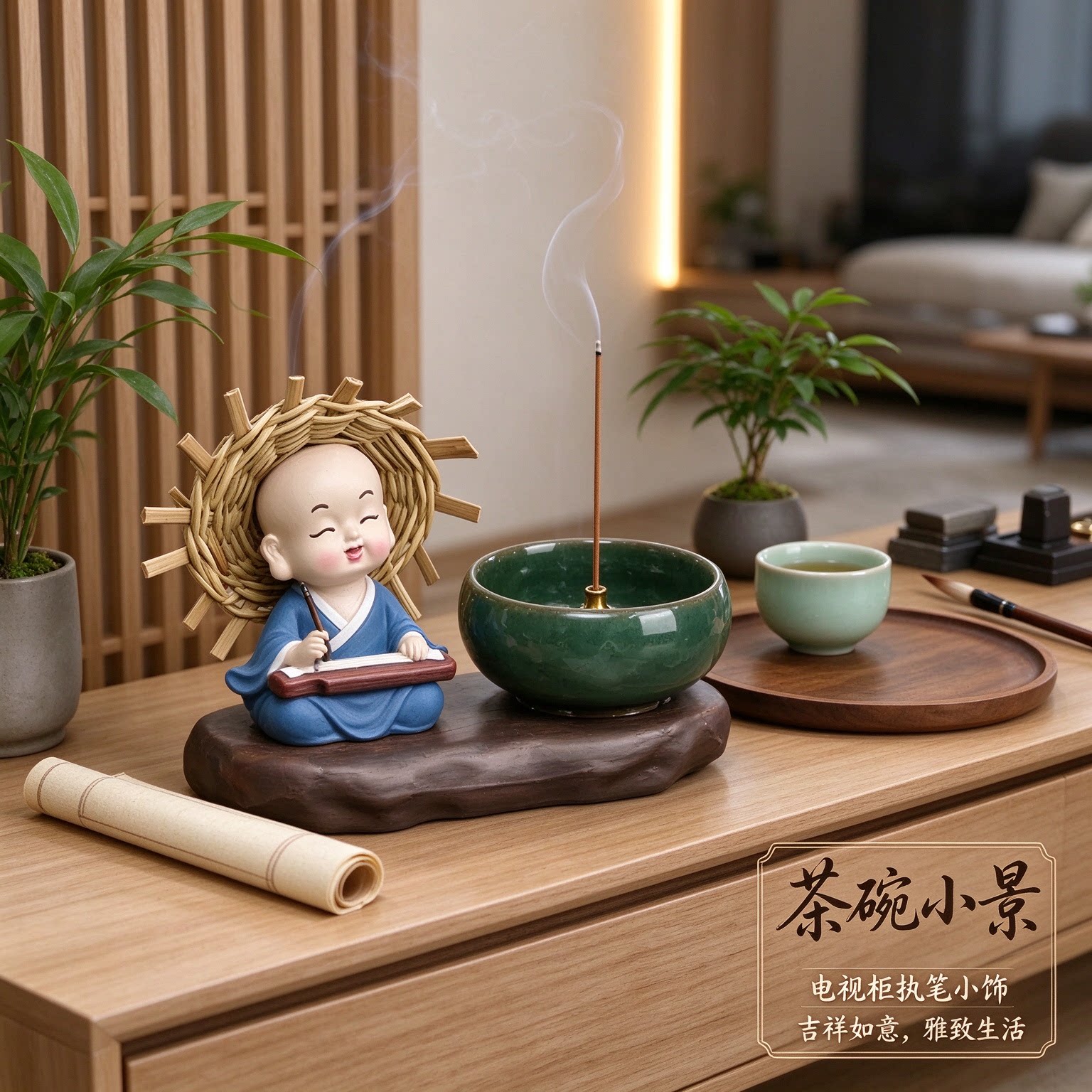 禅意小和尚呆萌创意执笔电视柜摆件工艺品心想事成吉祥如意古朴