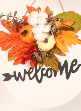 恩节南瓜棉装饰木牌门挂牌白色装感饰门木挂CNK件秋色枫叶装饰品