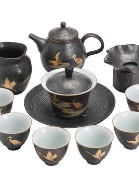 银斑瑞鹤呈祥茶具套杯装整套陶瓷三才盖碗茶壶茶家用XQ202036功夫