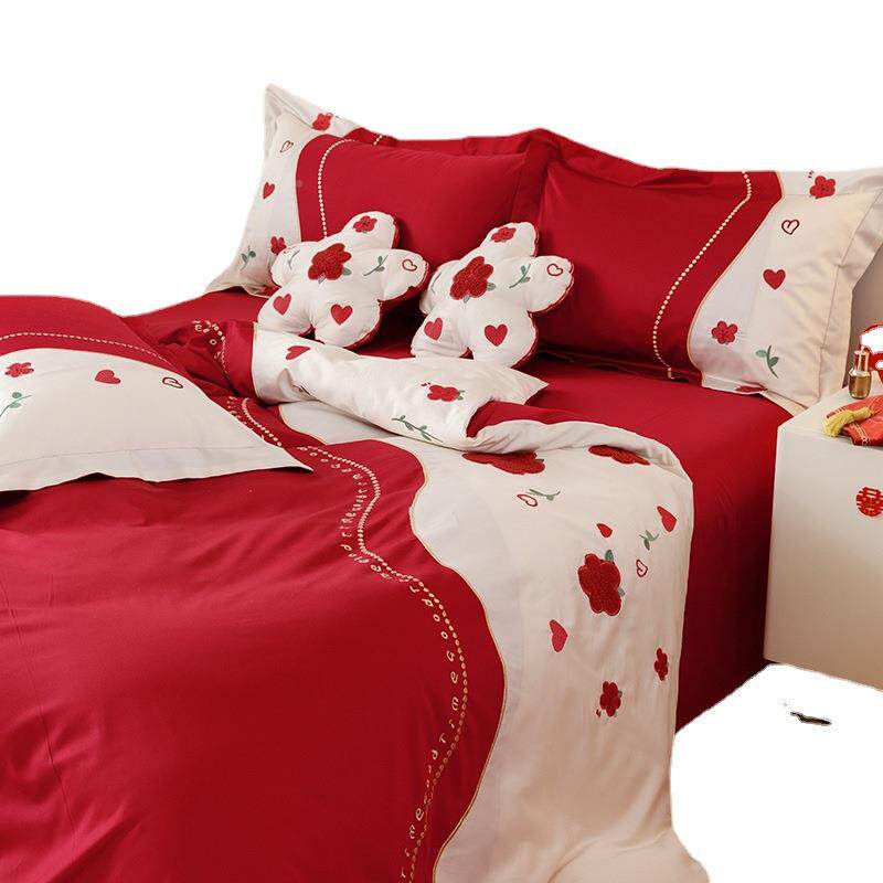 婚被庆红色纯套棉100支长绒棉件套刺绣花YSJJ全棉1.8m四结婚床上
