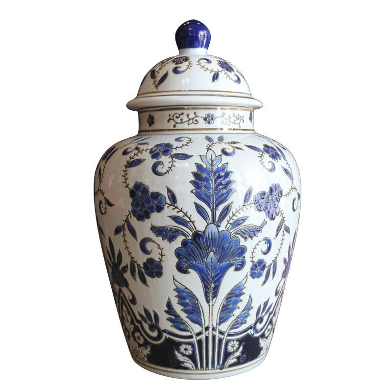 现代手饰绘青花陶GRP瓷客将军罐中式厅艺术品摆装饰花瓶件