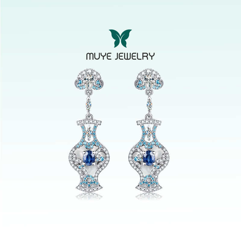 牧野925纯银奢华天然蓝宝石耳环