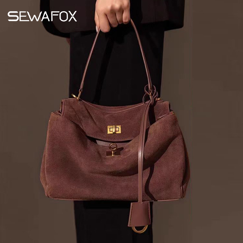 高质感磨砂麂皮拼接牛皮腋下凯利包包女手提托特包通勤单肩斜挎包